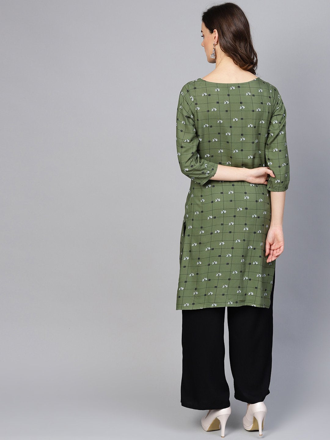 Jompers Women Olive Green & Off-White Checked Straight Kurta