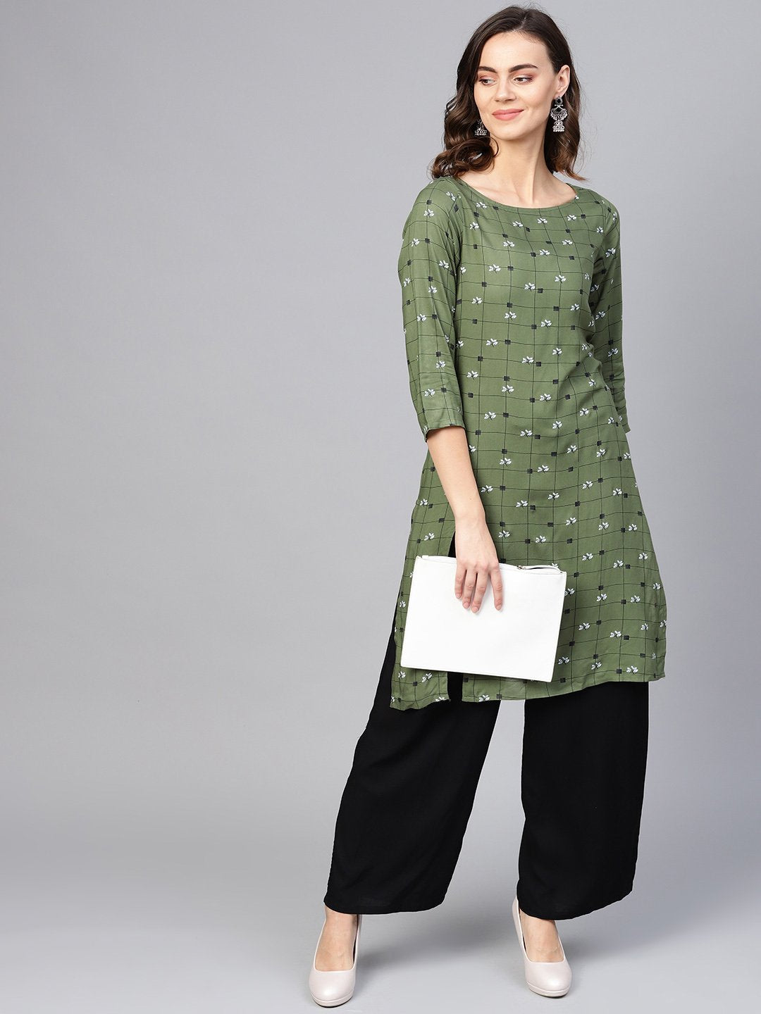 Jompers Women Olive Green & Off-White Checked Straight Kurta