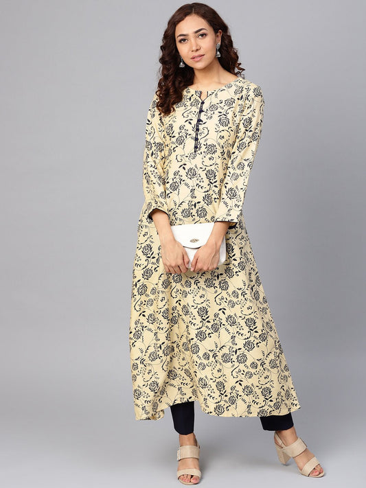 Jompers Women Cream-Coloured & Navy Blue Printed A-Line Kurta