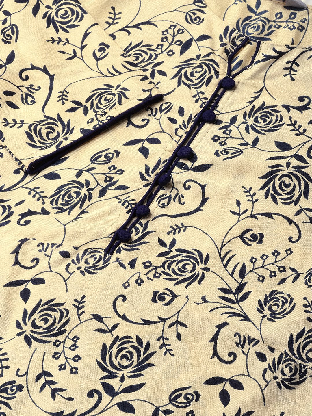 Jompers Women Cream-Coloured & Navy Blue Printed A-Line Kurta
