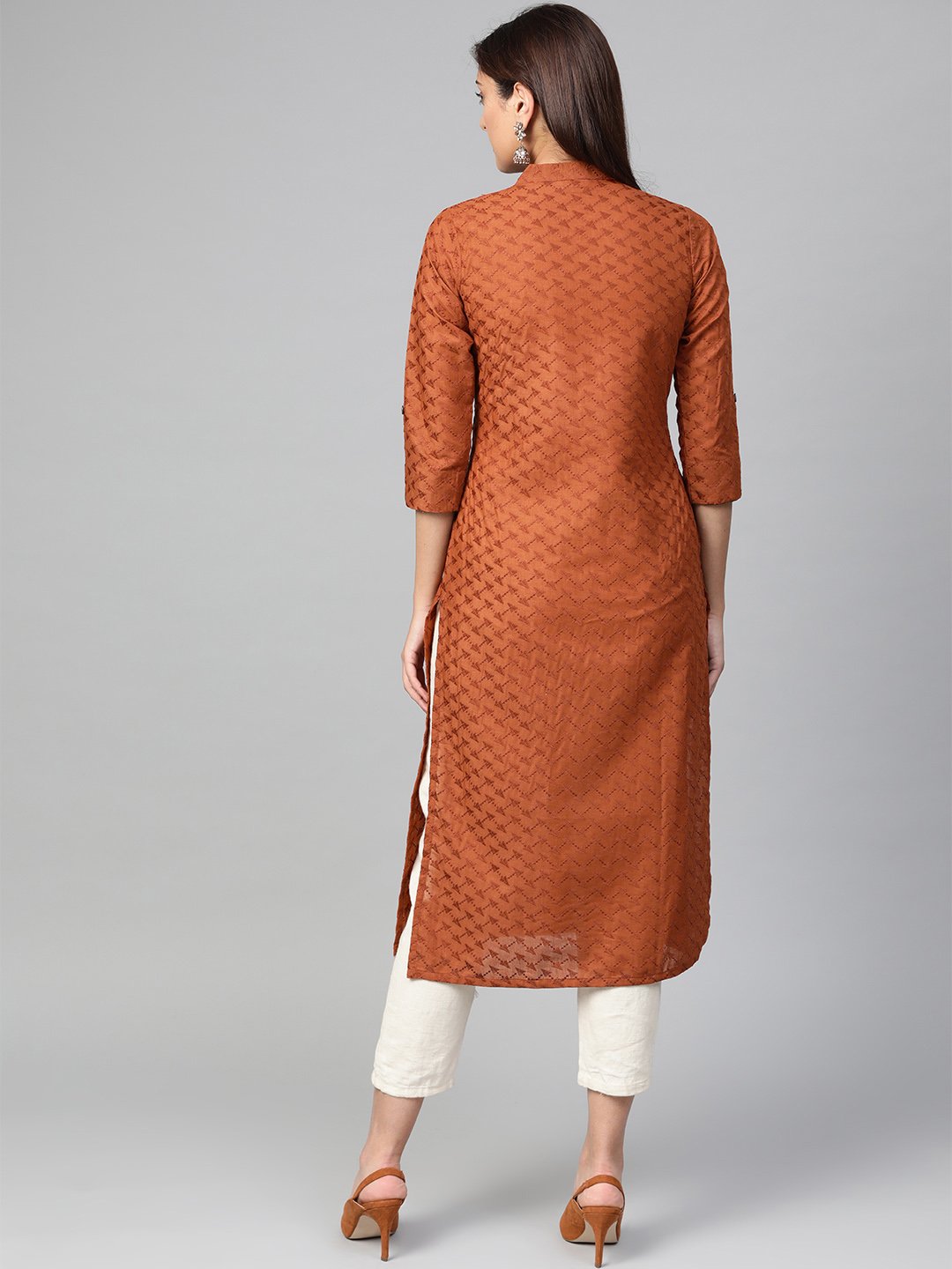 Jompers Women Rust Brown Embroidered Straight Kurta