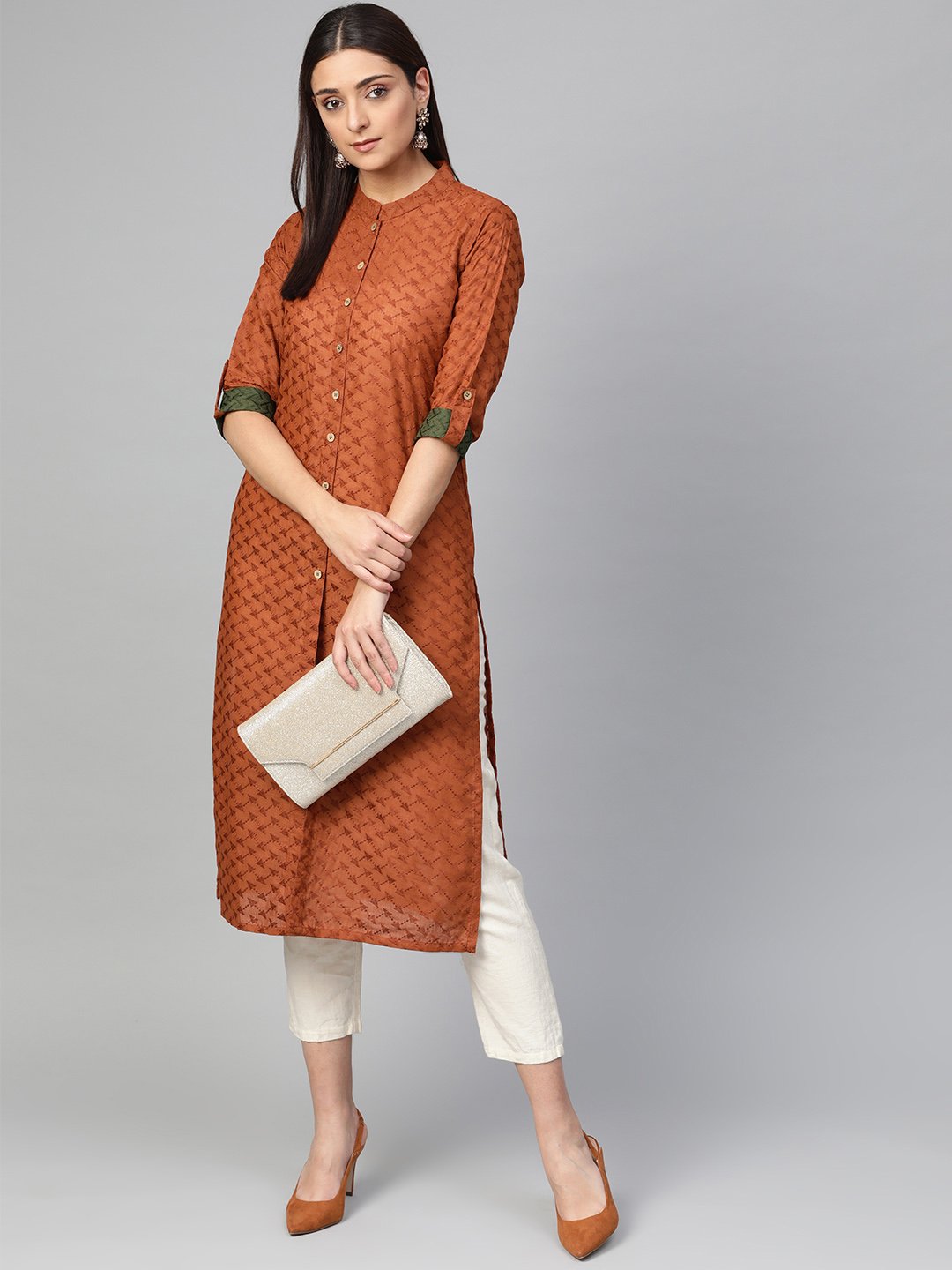 Jompers Women Rust Brown Embroidered Straight Kurta
