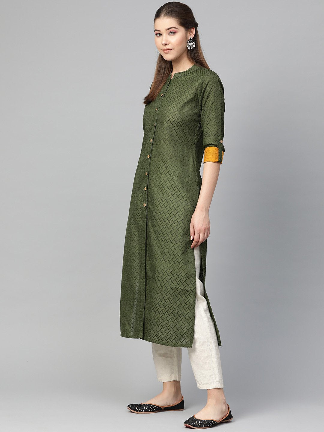 Jompers Women Olive Green Woven Design Straight Kurta