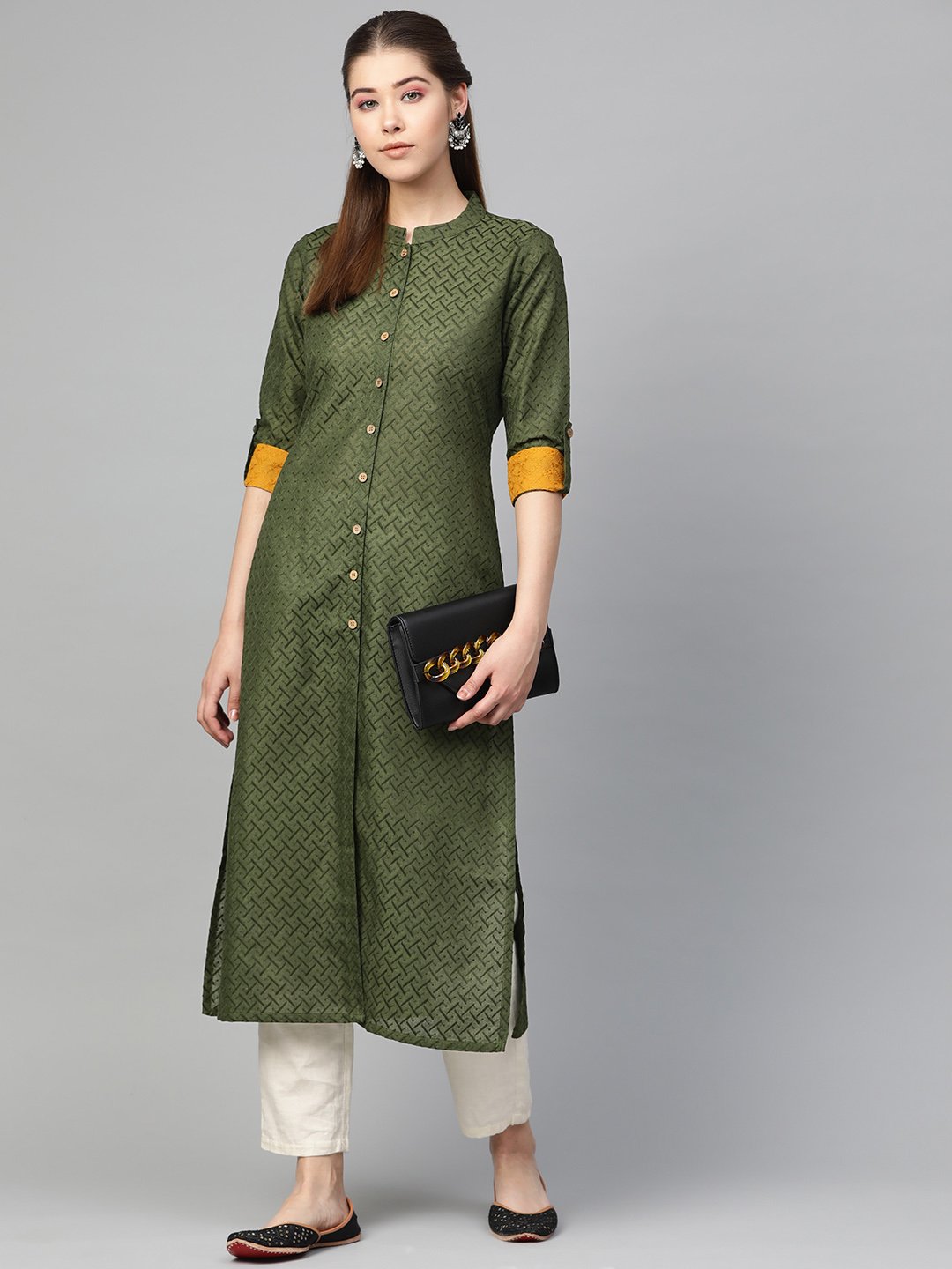 Jompers Women Olive Green Woven Design Straight Kurta