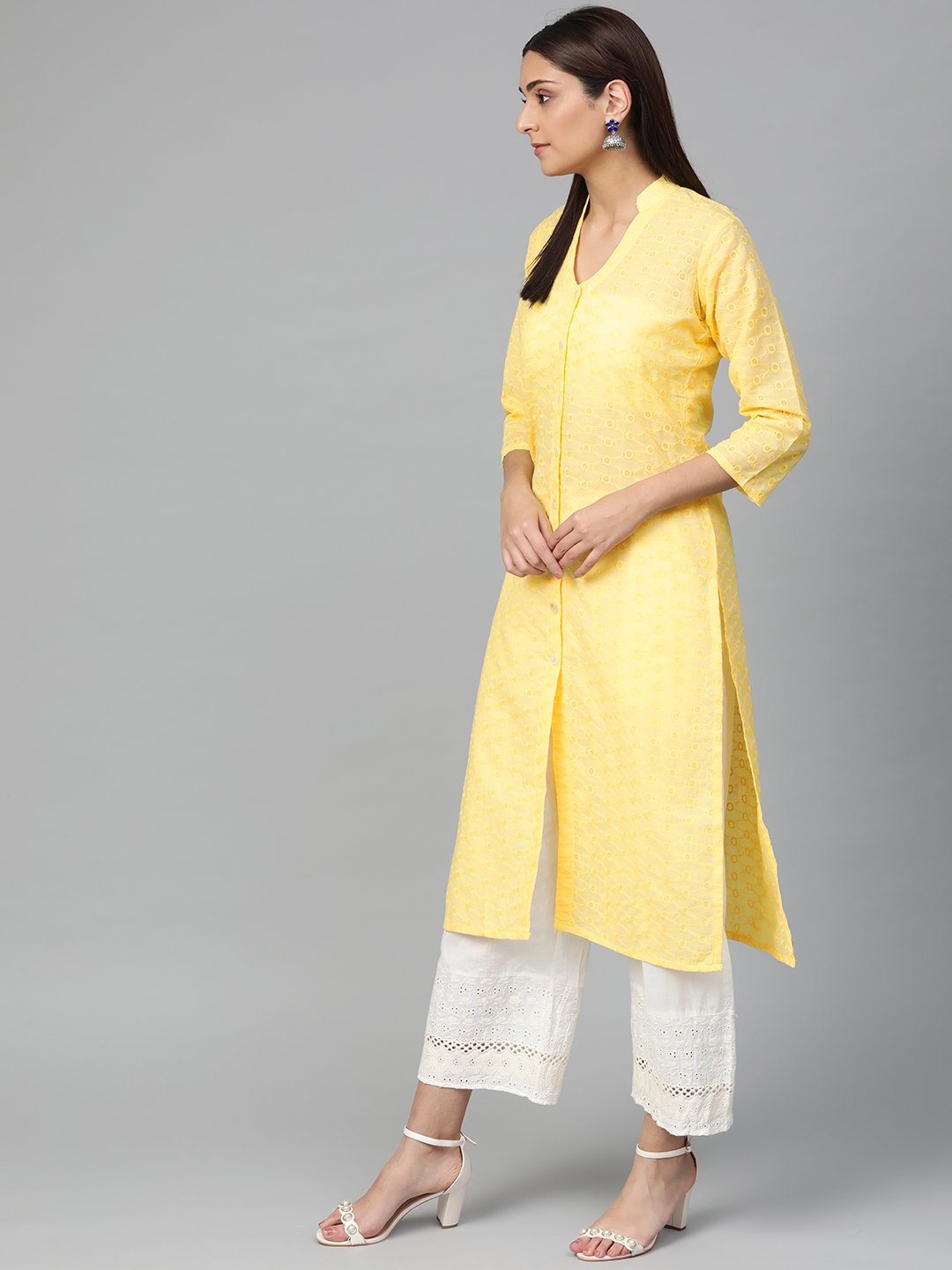 Jompers Women Yellow Chikankari Embroidered Semi-Sheer Straight Kurta