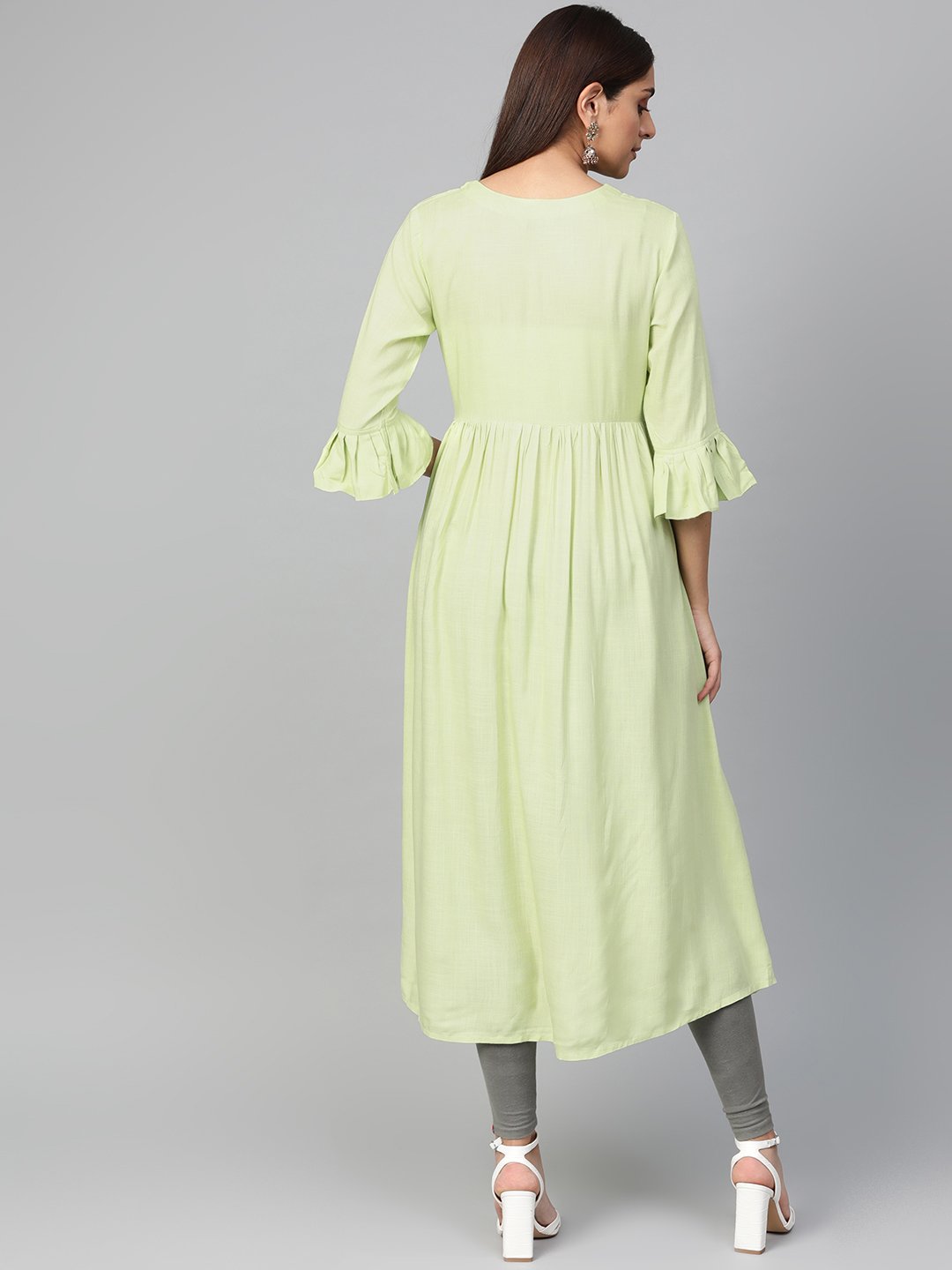 Jompers Women Green & Golden Yoke Design A-Line Kurta