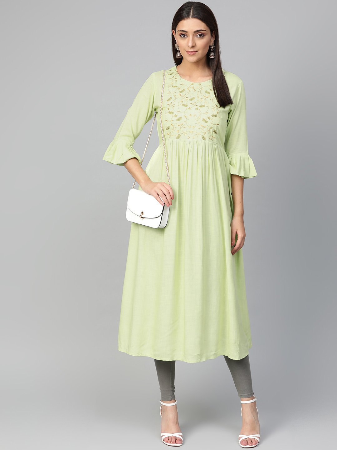 Jompers Women Green & Golden Yoke Design A-Line Kurta
