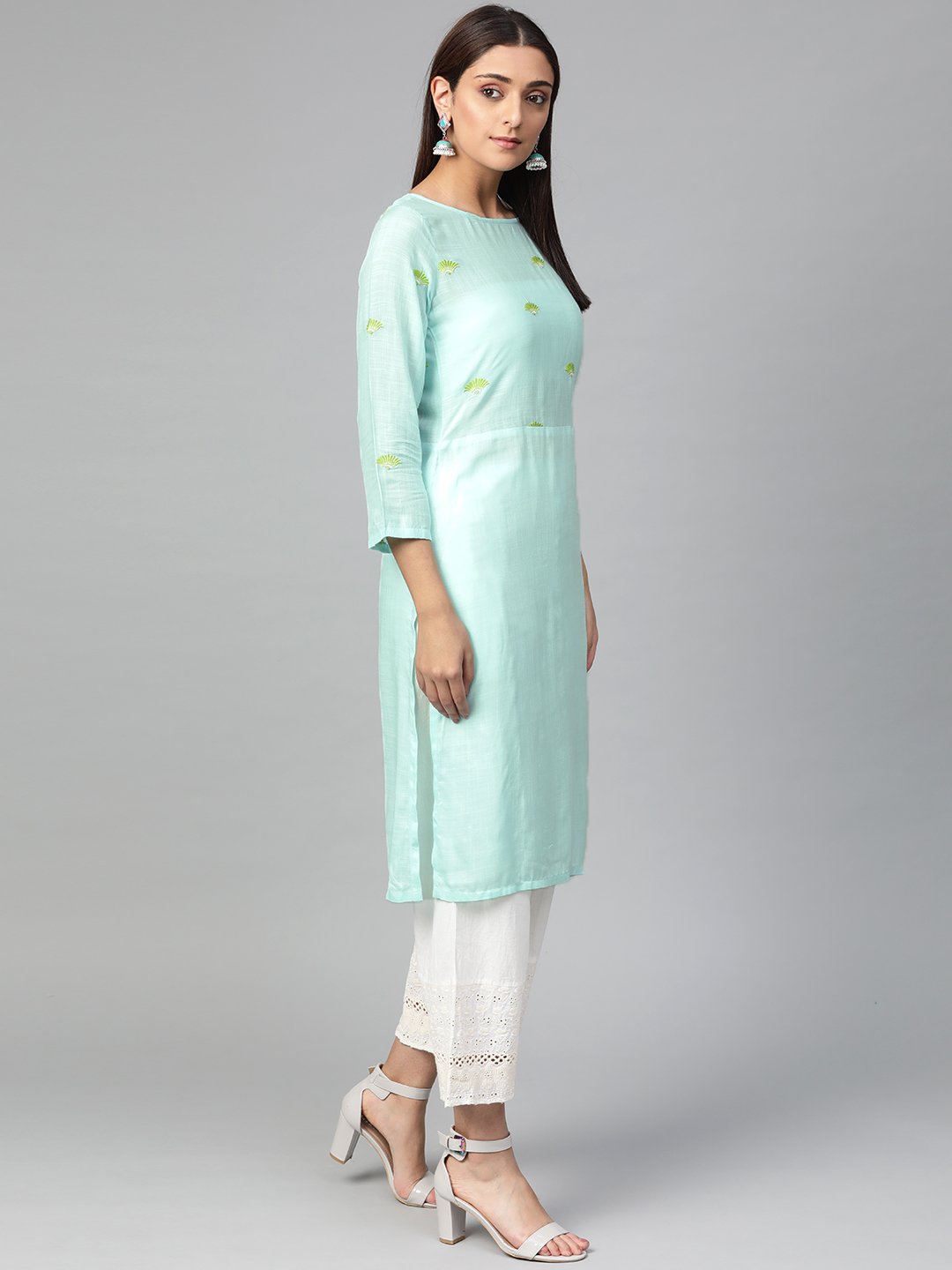 Jompers Women Blue Yoke Design Straight Kurta (Aqua)