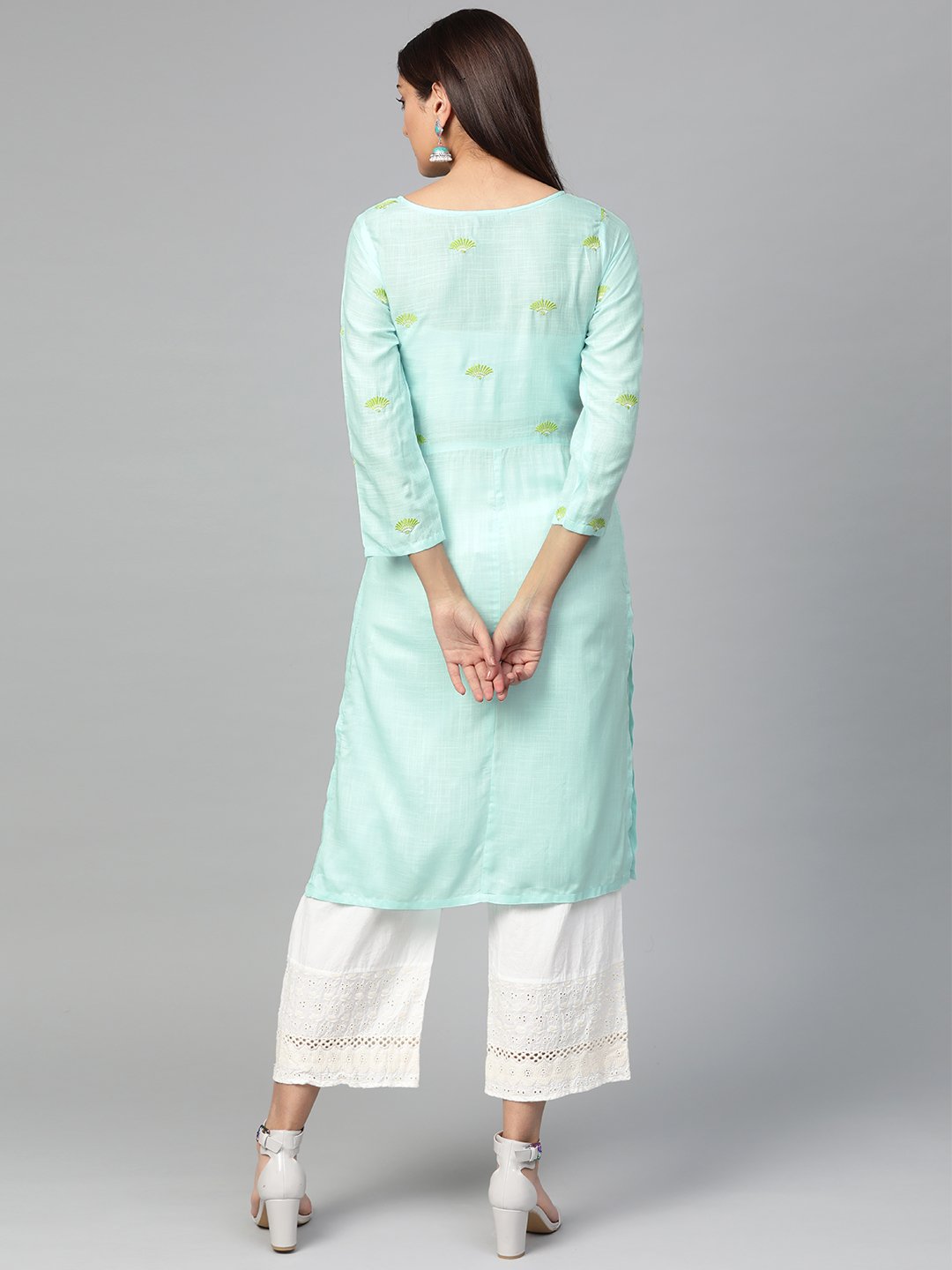Jompers Women Blue Yoke Design Straight Kurta (Aqua)
