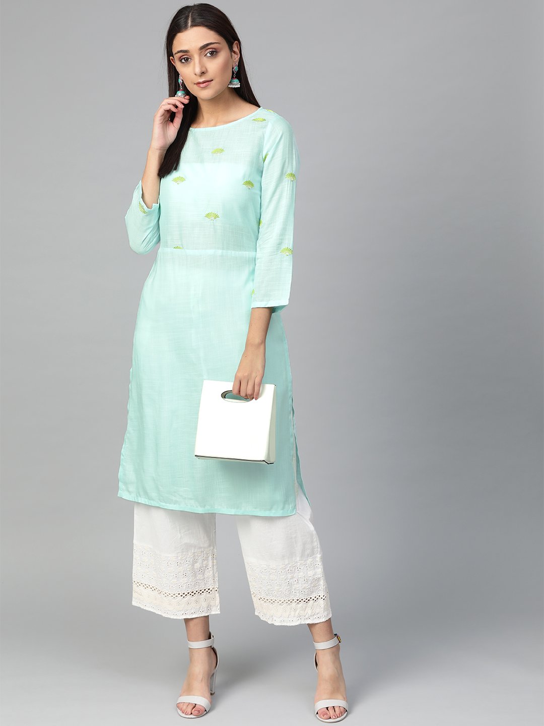Jompers Women Blue Yoke Design Straight Kurta (Aqua)