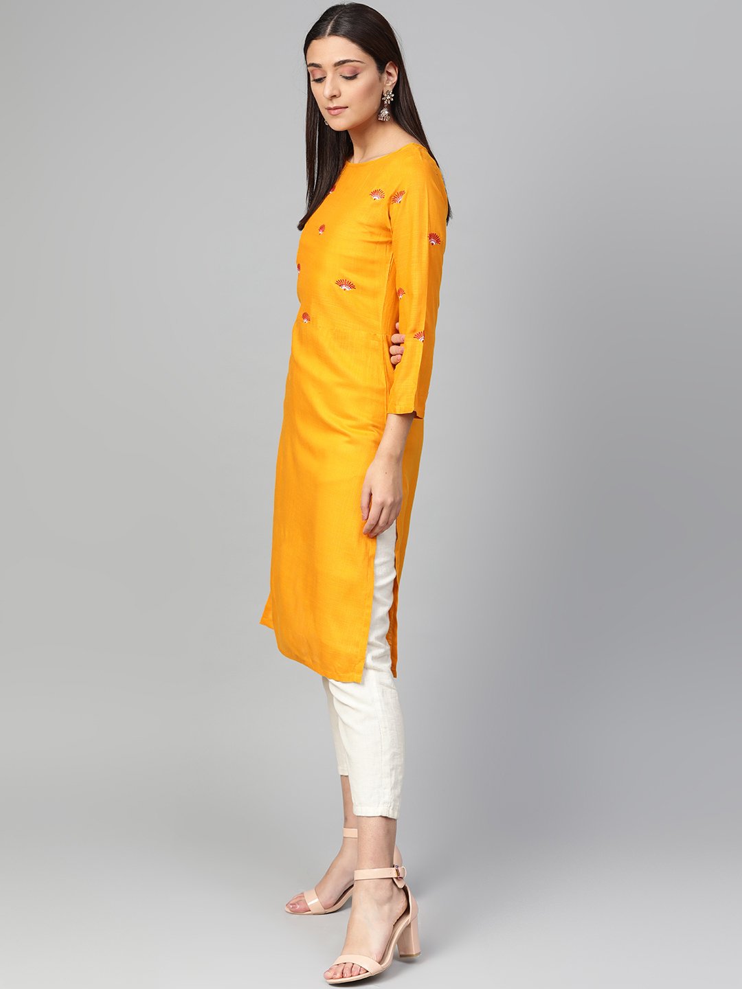 Jompers Women Mustard Yoke Design Straight Kurta