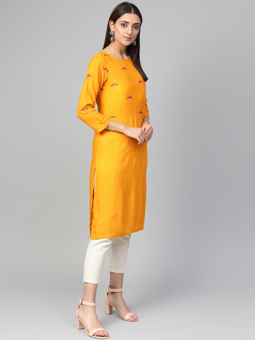 Jompers Women Mustard Yoke Design Straight Kurta