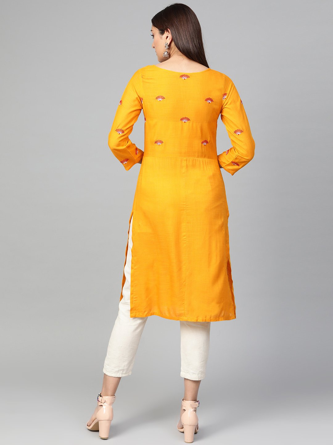 Jompers Women Mustard Yoke Design Straight Kurta