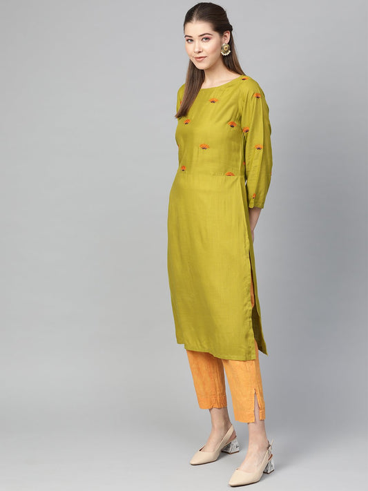 Jompers Women Green Yoke Design Straight Kurta ( Olive )