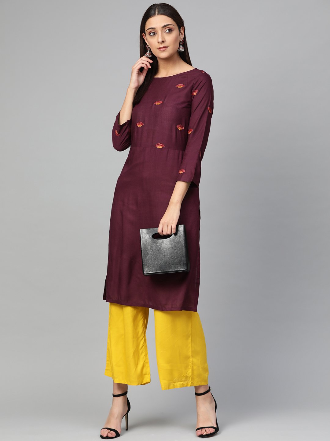 Jompers Women Purple Yoke Design Straight Kurta