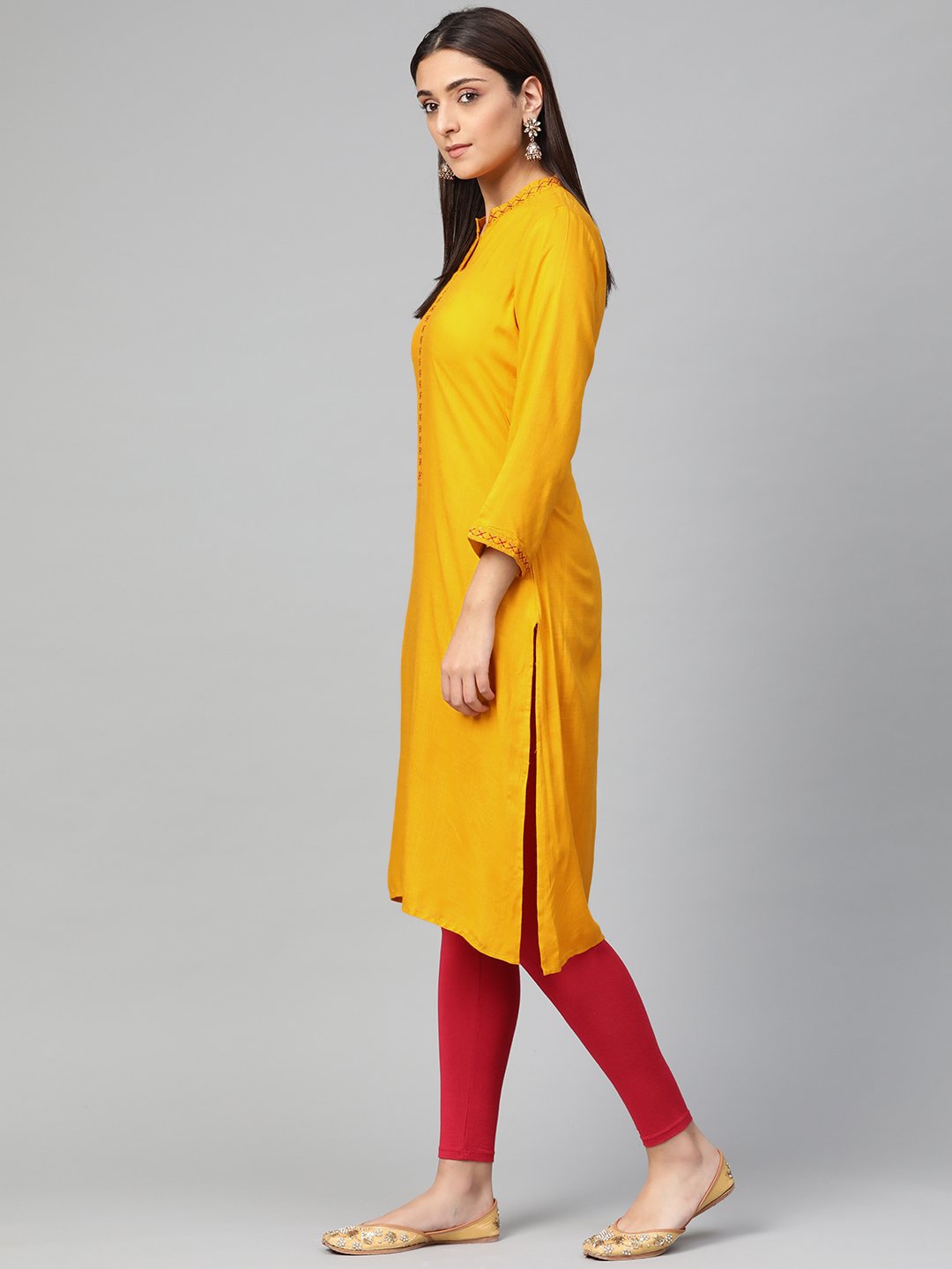Jompers Women Mustard Embroidered Straight Kurta