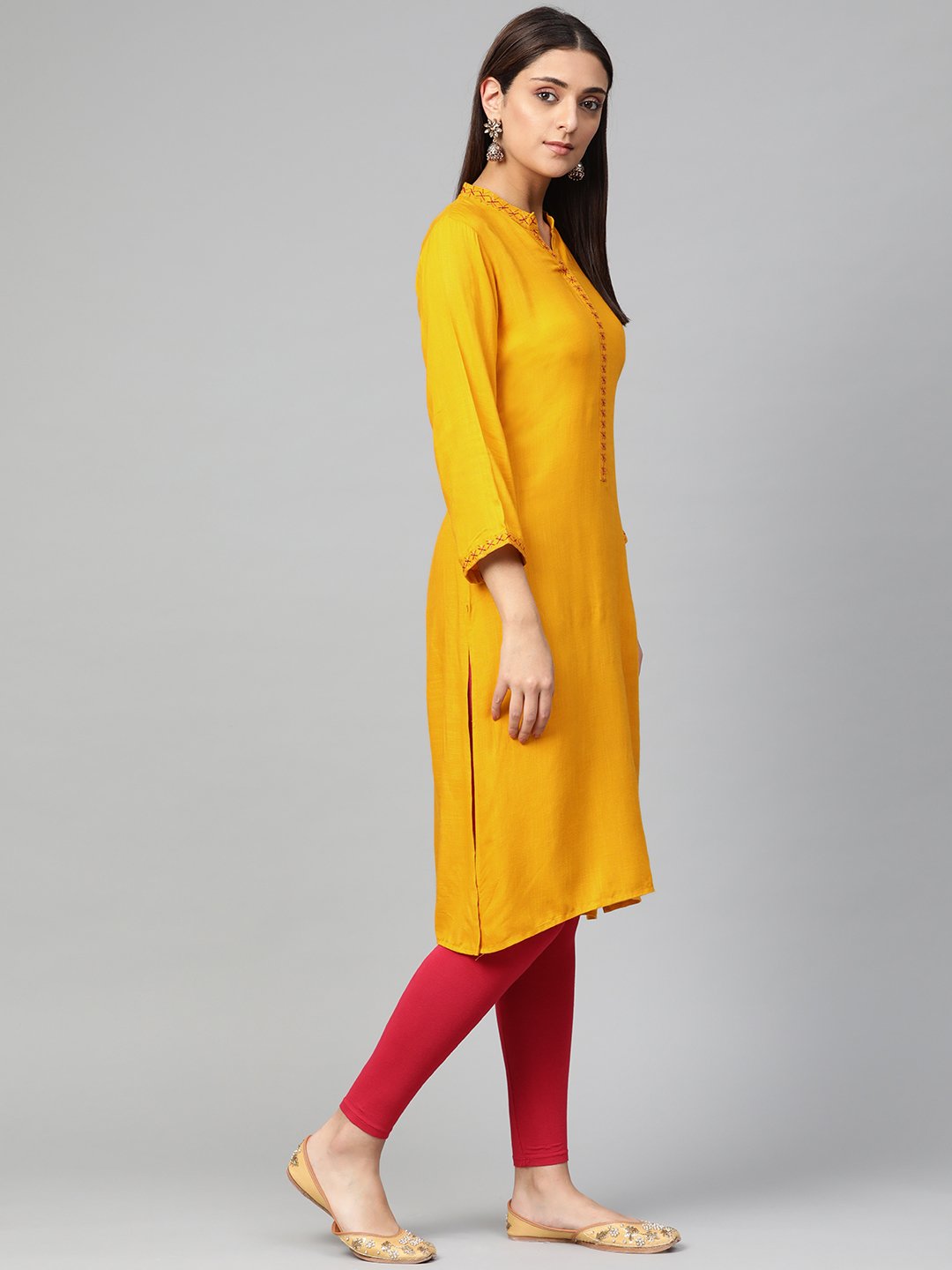 Jompers Women Mustard Embroidered Straight Kurta
