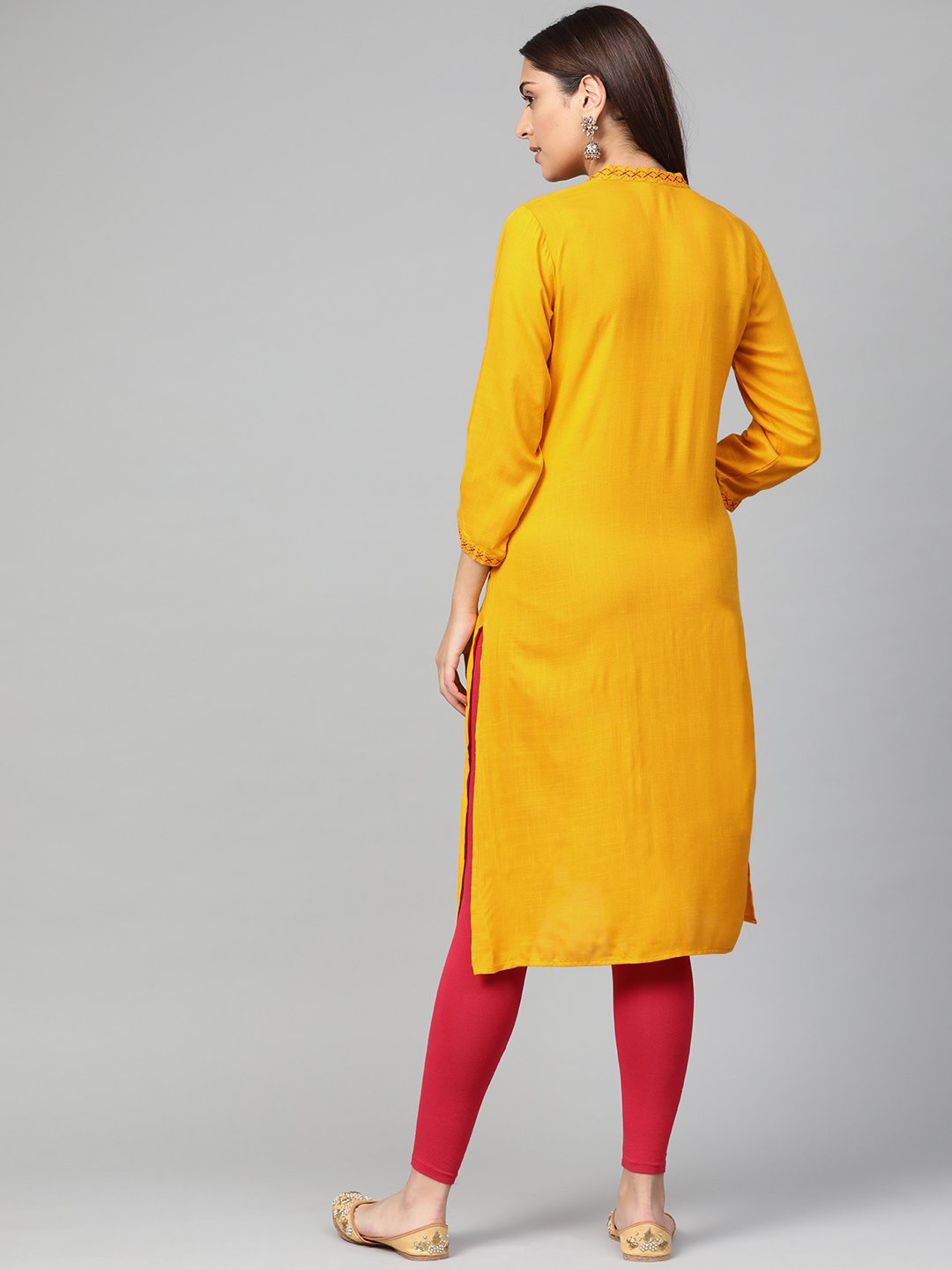 Jompers Women Mustard Embroidered Straight Kurta