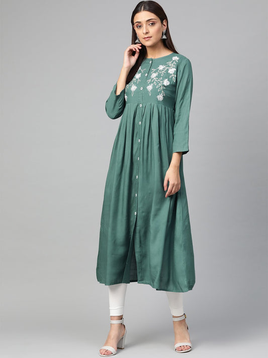Jompers Women Green & White Yoke Design A-Line Kurta (Teal)