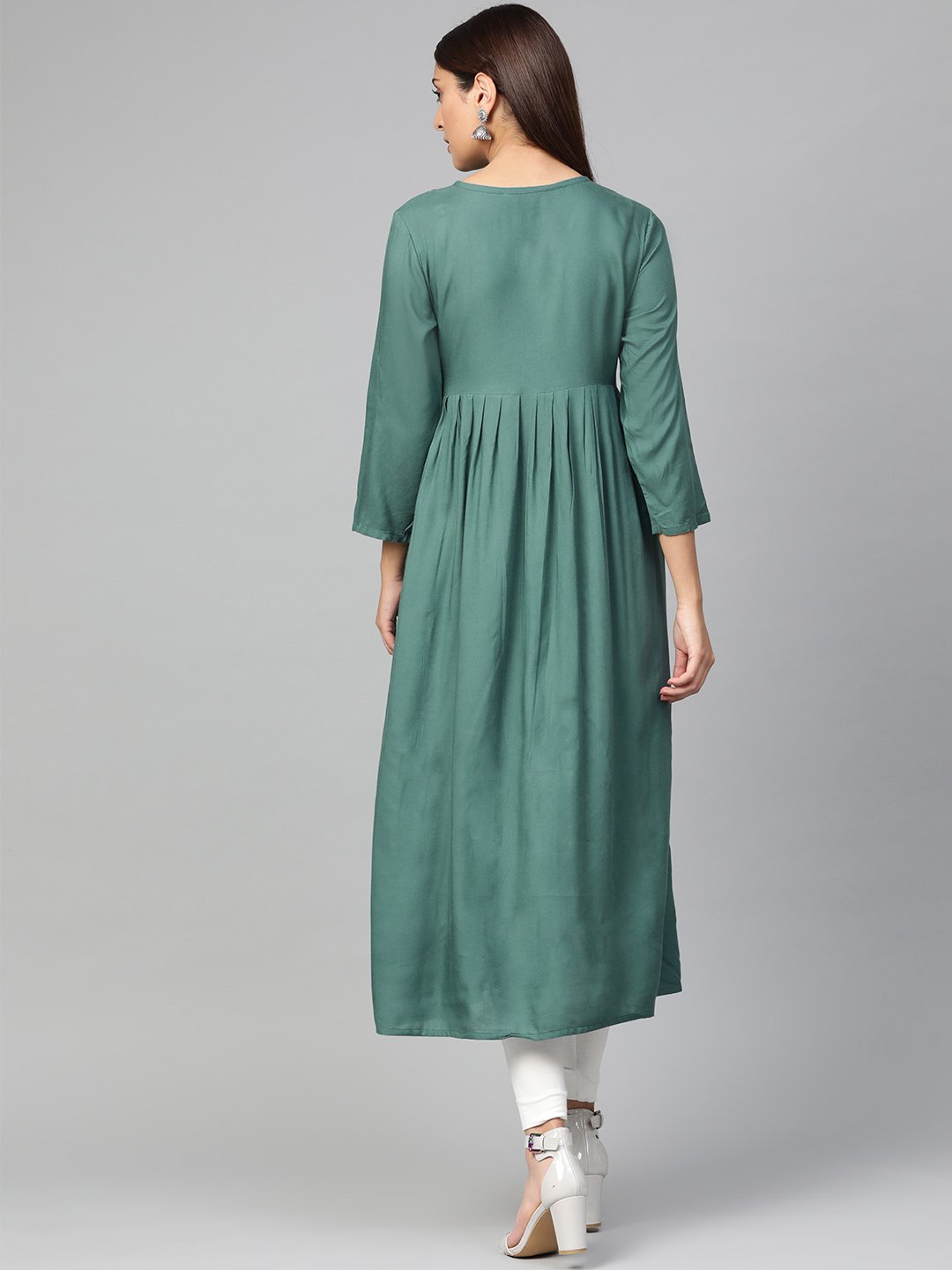Jompers Women Green & White Yoke Design A-Line Kurta (Teal)