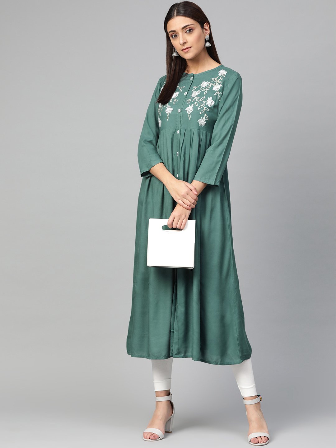 Jompers Women Green & White Yoke Design A-Line Kurta (Teal)