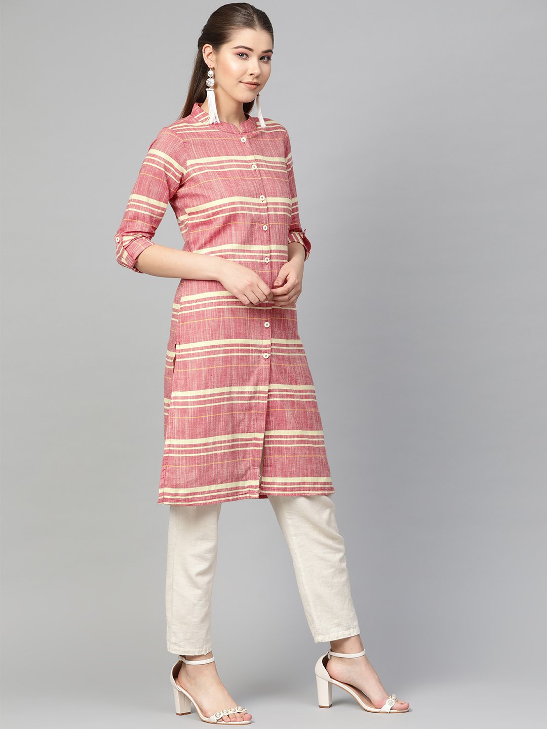 Jompers Women Red & Yellow Self-Striped Straight Kurta