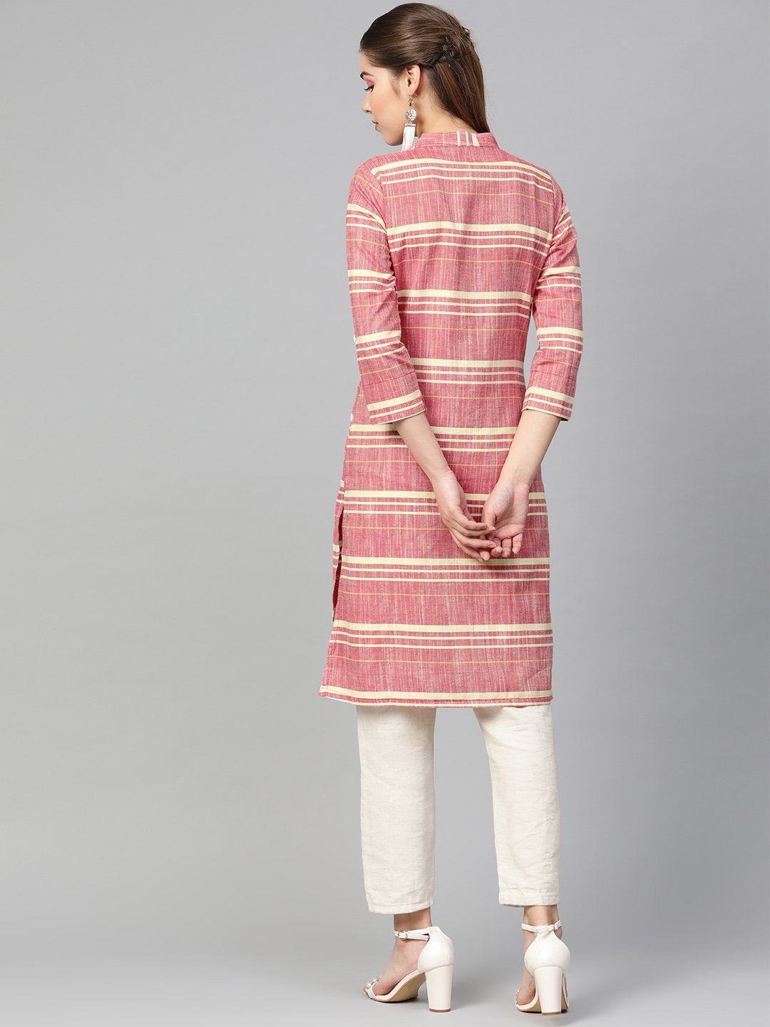 Jompers Women Red & Yellow Self-Striped Straight Kurta