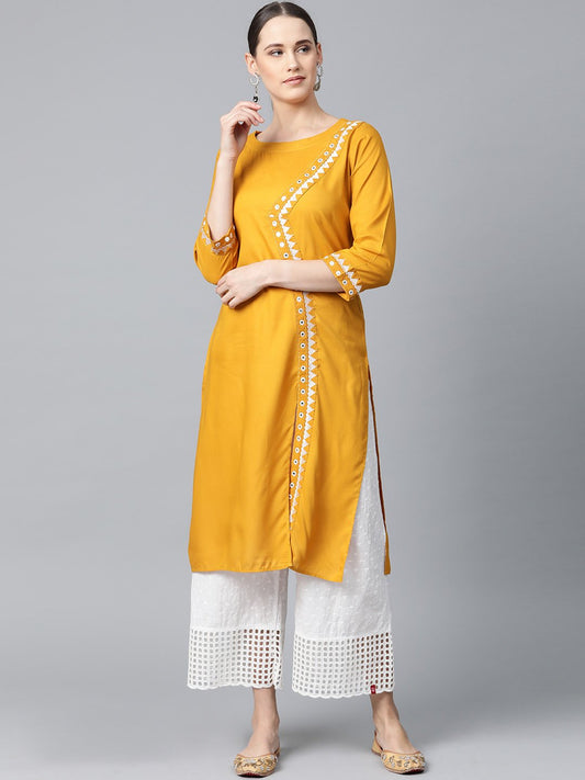Jompers Women Mustard Embroidered Straight Kurta