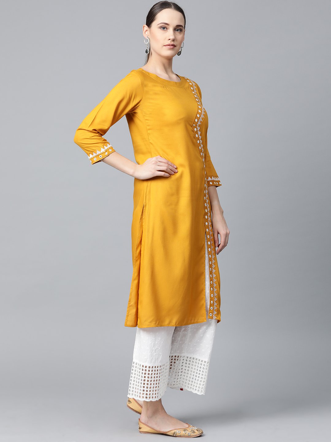 Jompers Women Mustard Embroidered Straight Kurta