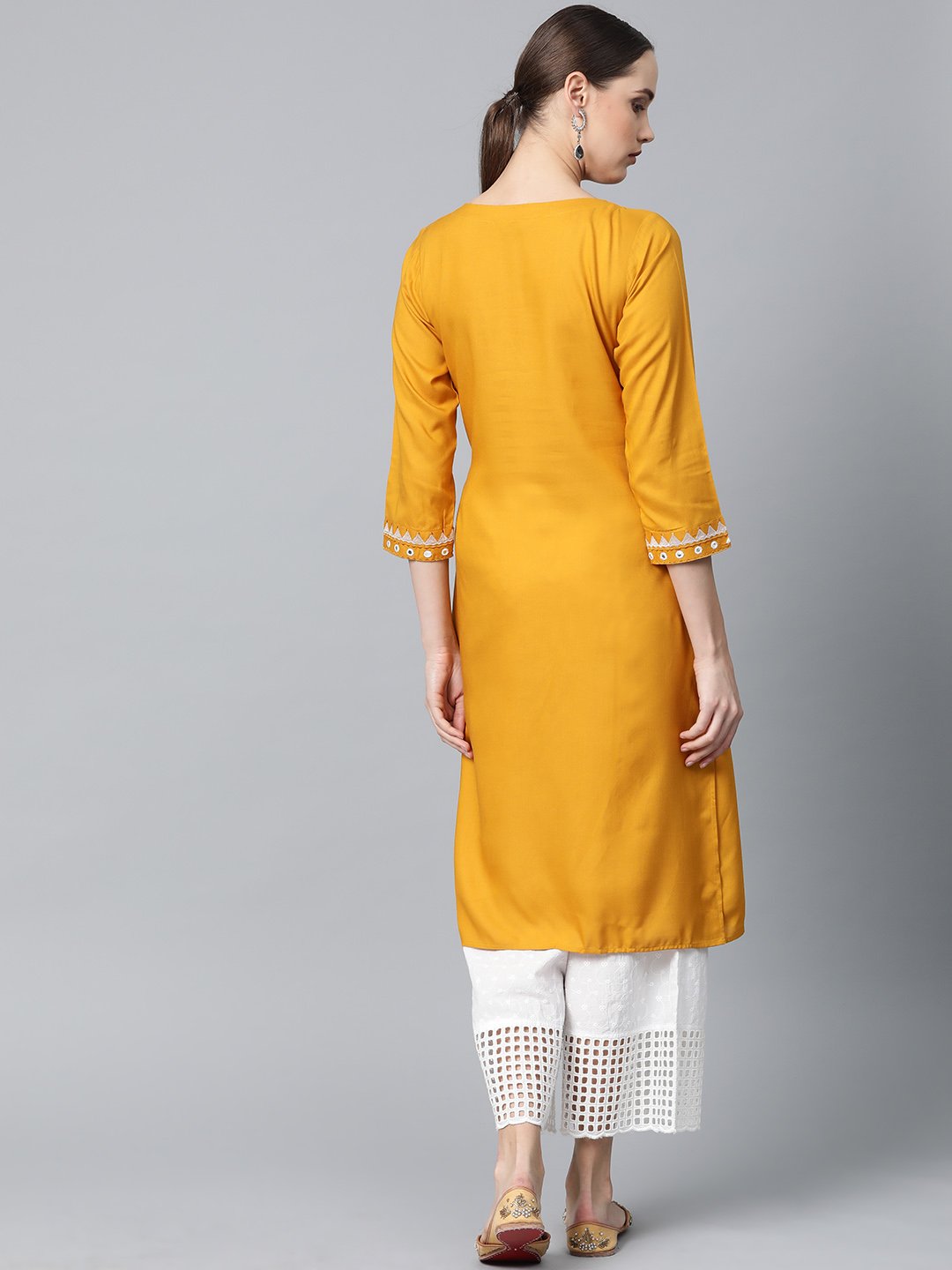 Jompers Women Mustard Embroidered Straight Kurta