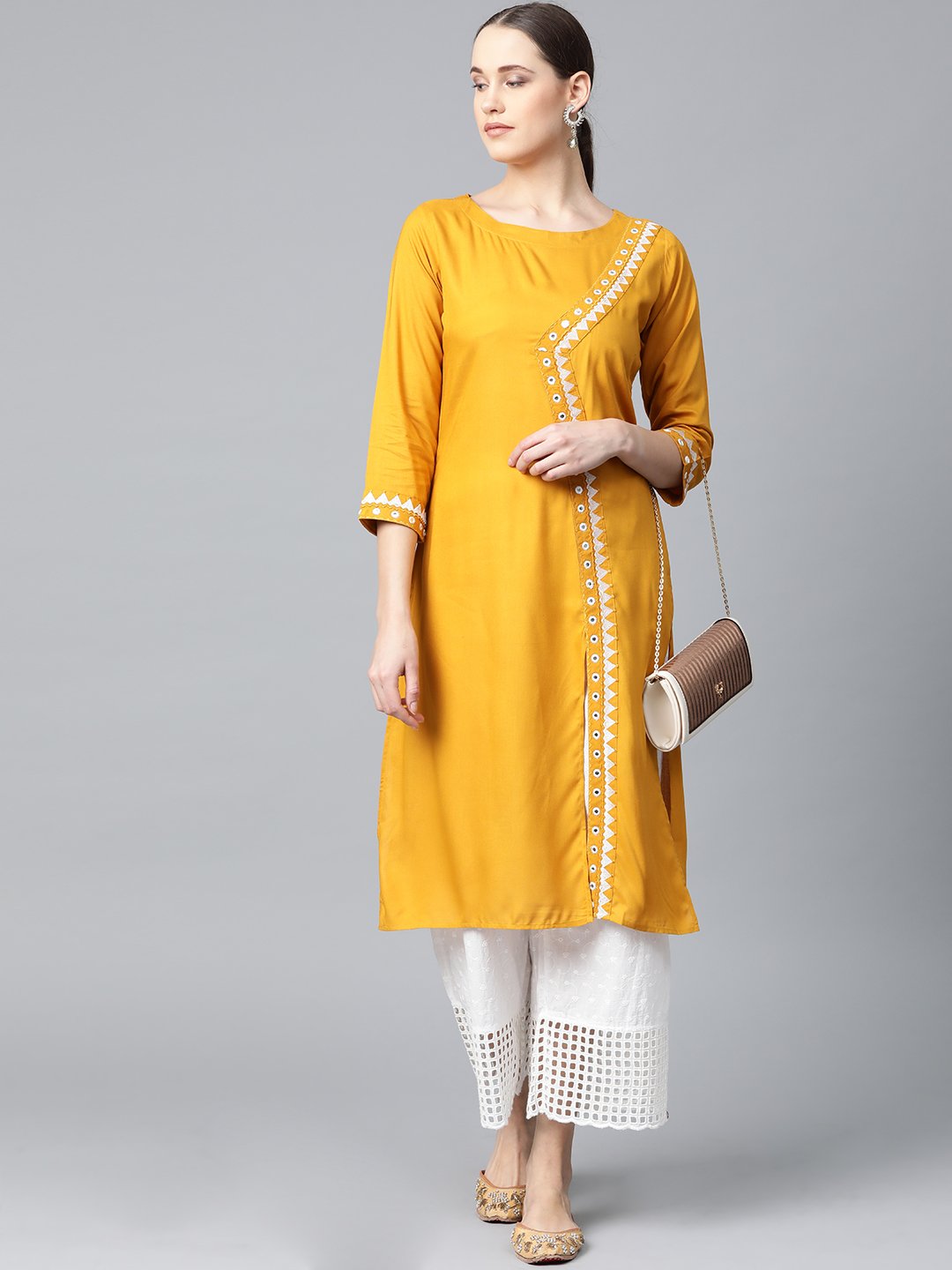 Jompers Women Mustard Embroidered Straight Kurta