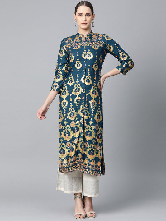 Jompers Women Teal Blue & Fluorescent Green Printed Straight Kurta