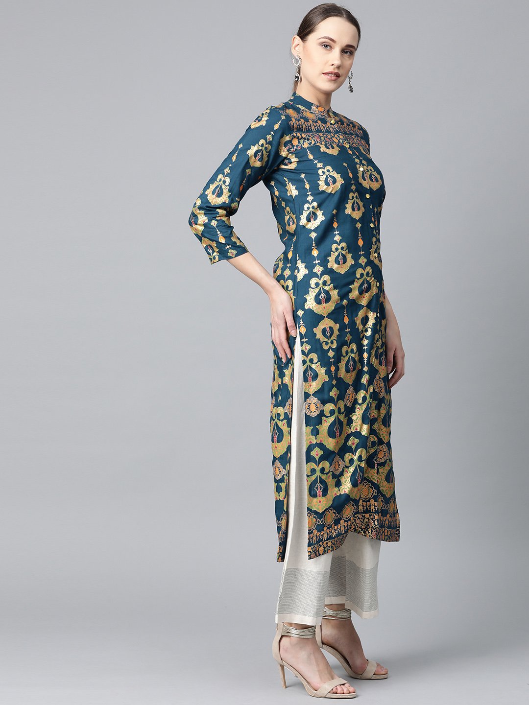 Jompers Women Teal Blue & Fluorescent Green Printed Straight Kurta