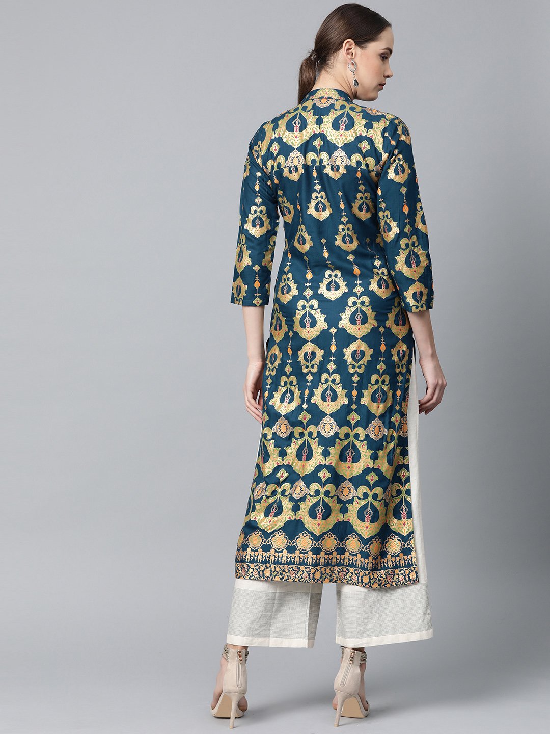 Jompers Women Teal Blue & Fluorescent Green Printed Straight Kurta