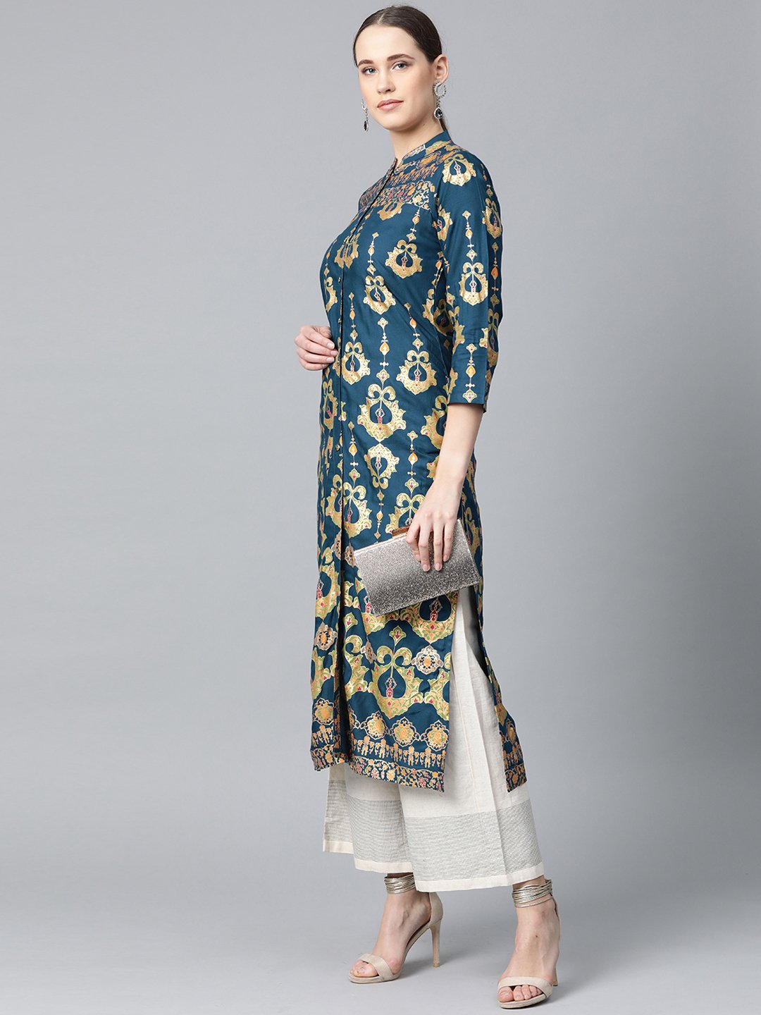 Jompers Women Teal Blue & Fluorescent Green Printed Straight Kurta