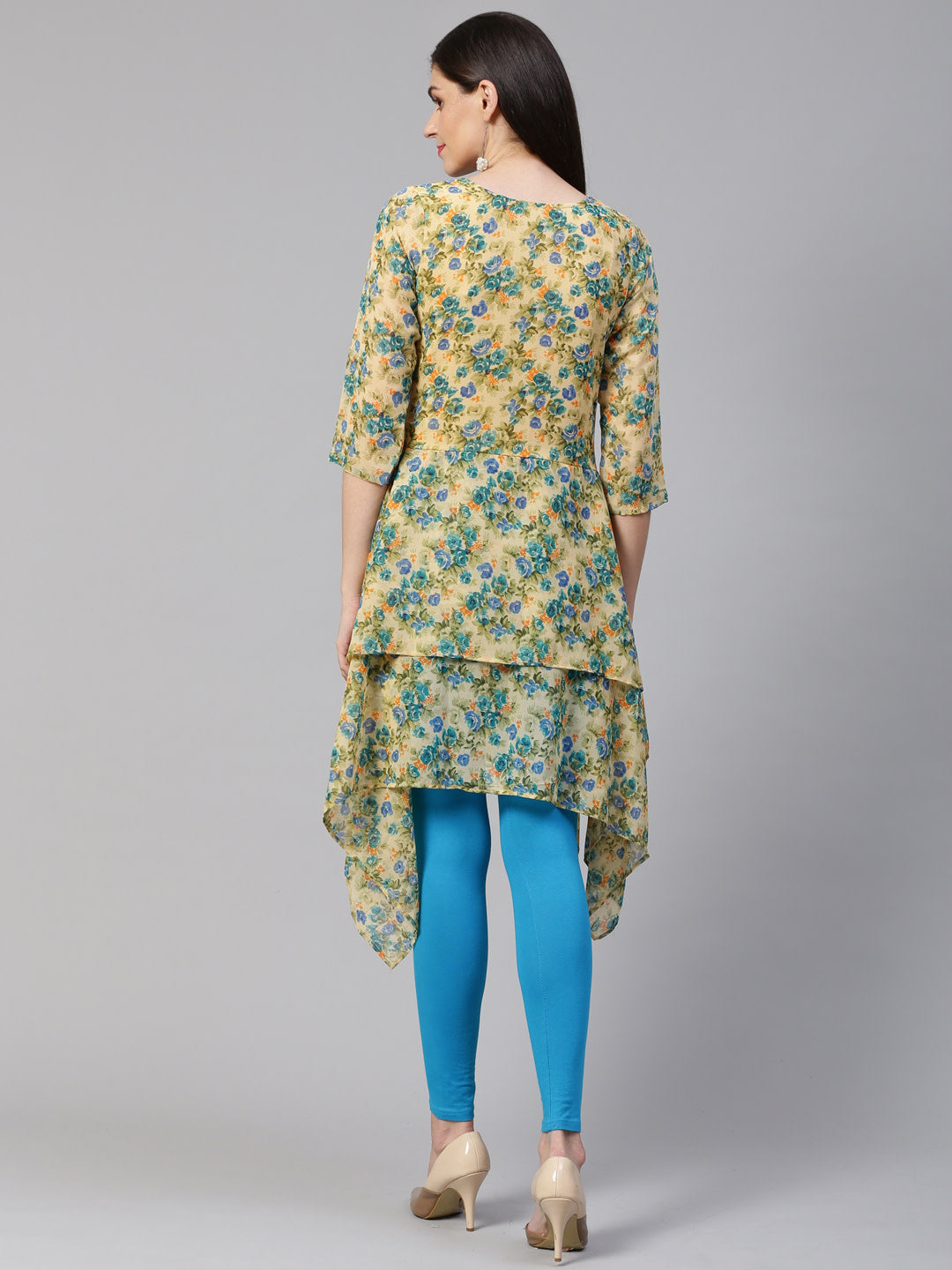 Jompers Women Beige & Blue Floral Printed A-Line Kurta