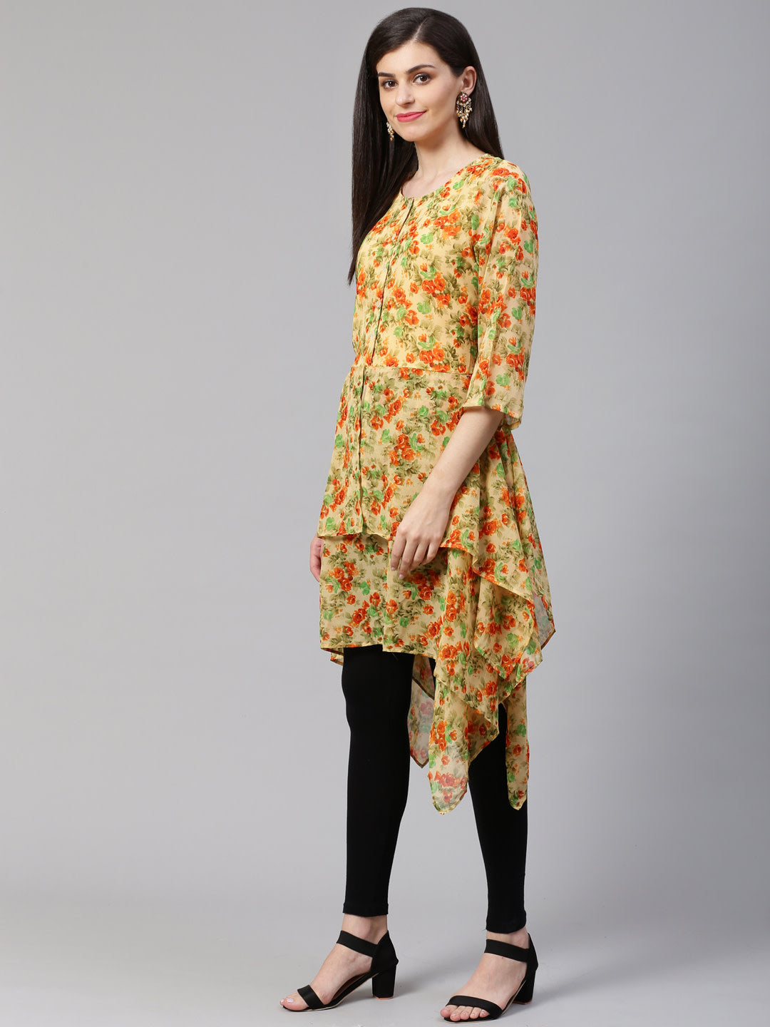 Jompers Women Beige & Orange Floral Printed A-Line Kurta