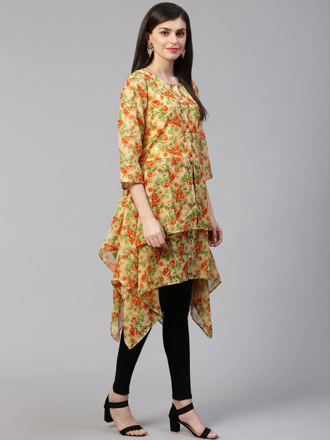 Jompers Women Beige & Orange Floral Printed A-Line Kurta
