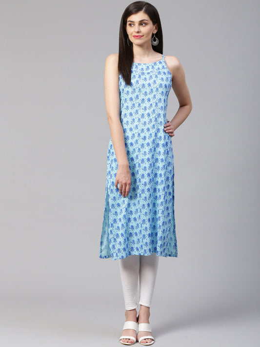 Jompers Women Blue Printed Straight Kurta