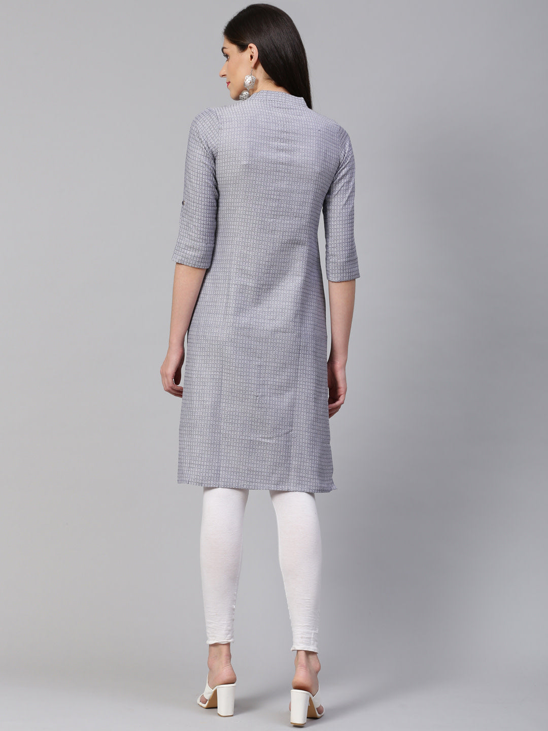 Jompers Women Grey & Blue Jacquard Woven Design Straight Kurta