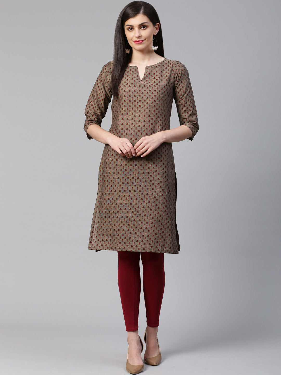 Jompers Women Grey & Maroon Printed Straight Kurta