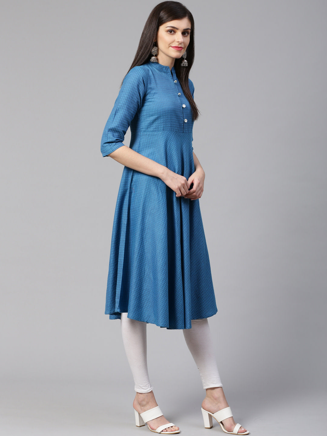 Jompers Women Blue Woven Design Jacquard Weave A-Line Kurta