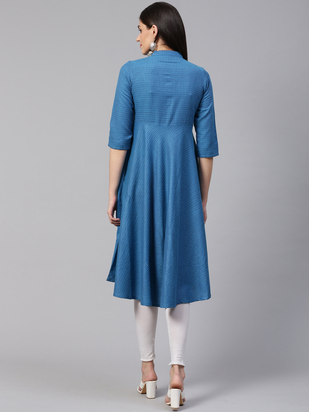 Jompers Women Blue Woven Design Jacquard Weave A-Line Kurta