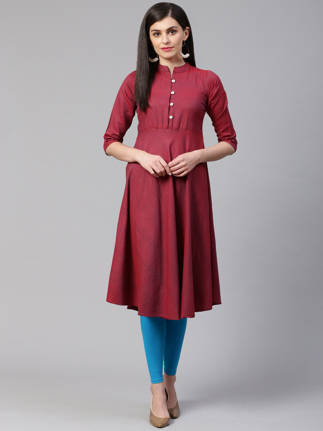 Jompers Women Maroon Woven Design Jacquard Weave A-Line Kurta