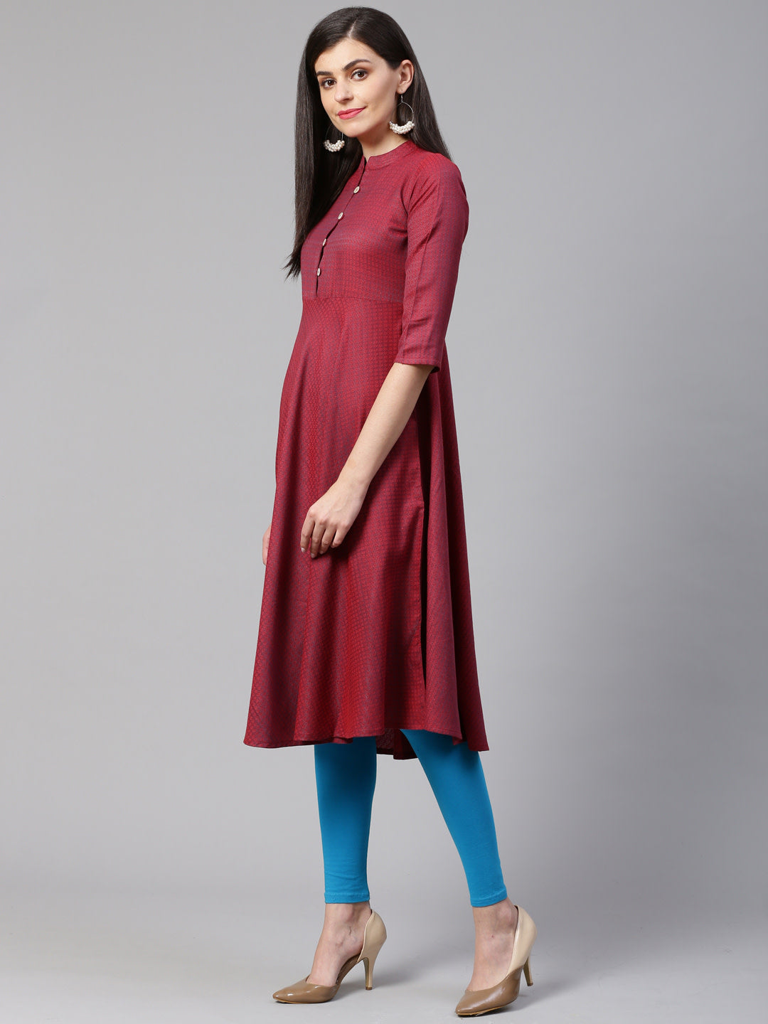 Jompers Women Maroon Woven Design Jacquard Weave A-Line Kurta