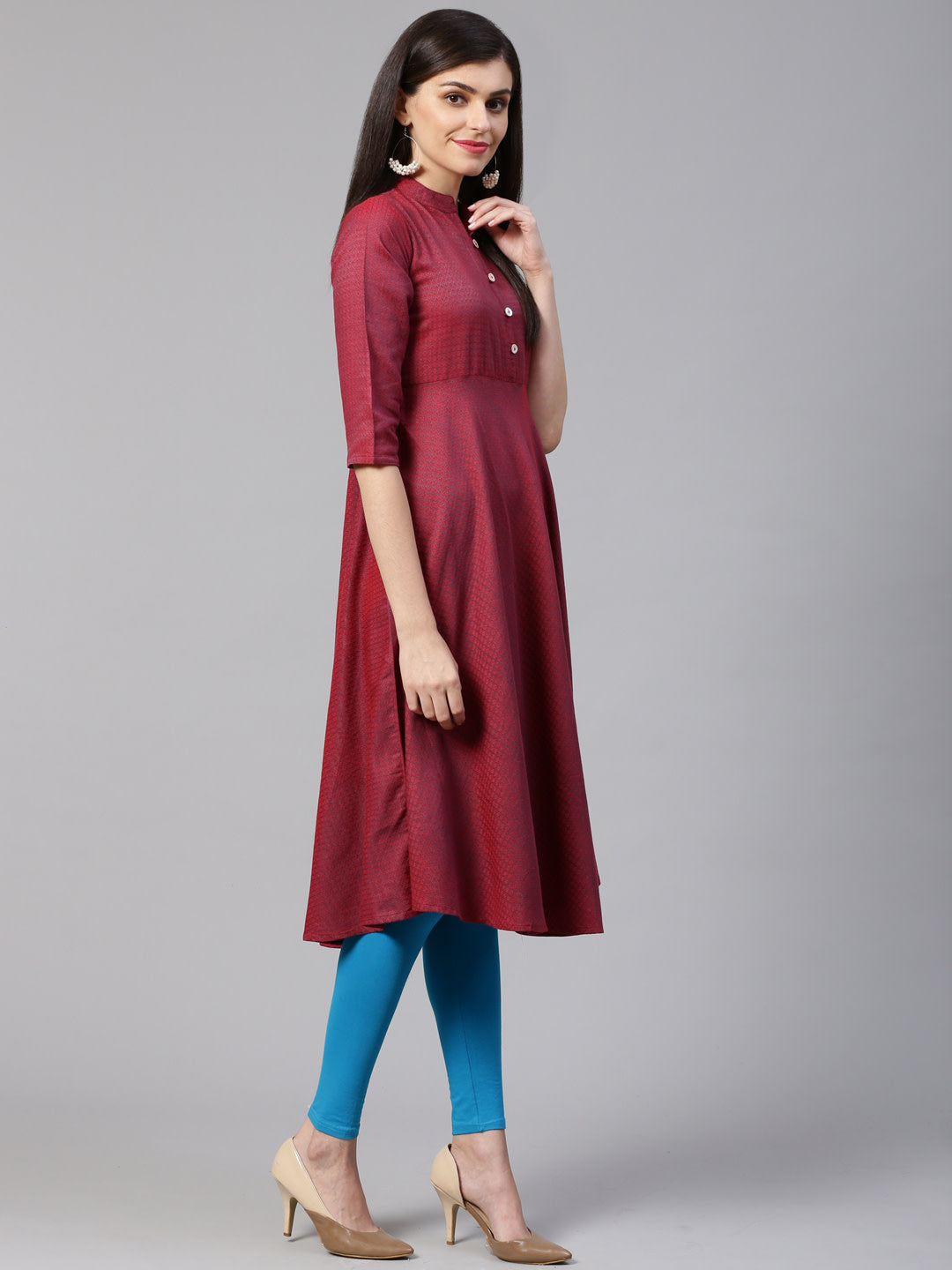 Jompers Women Maroon Woven Design Jacquard Weave A-Line Kurta
