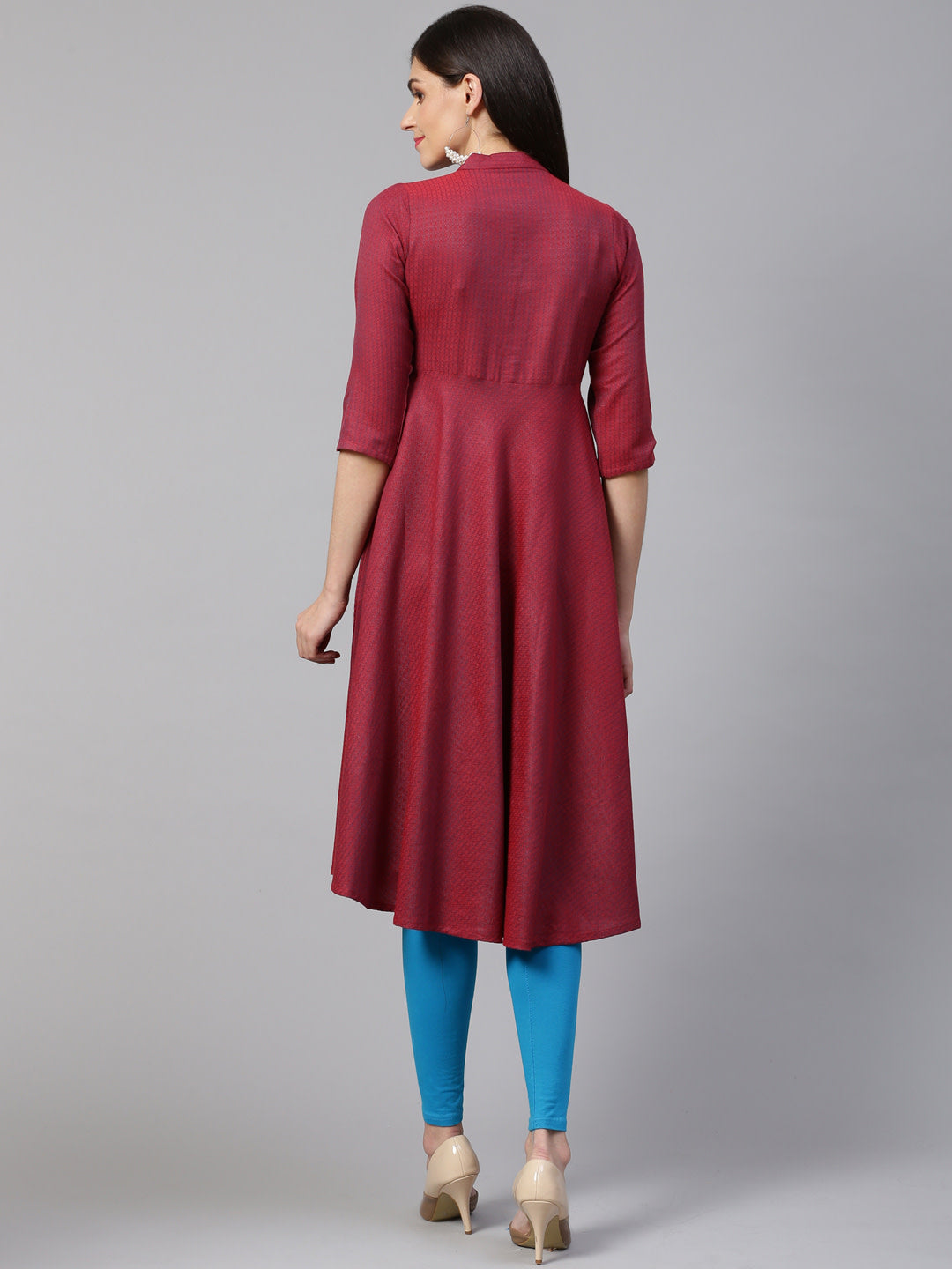 Jompers Women Maroon Woven Design Jacquard Weave A-Line Kurta