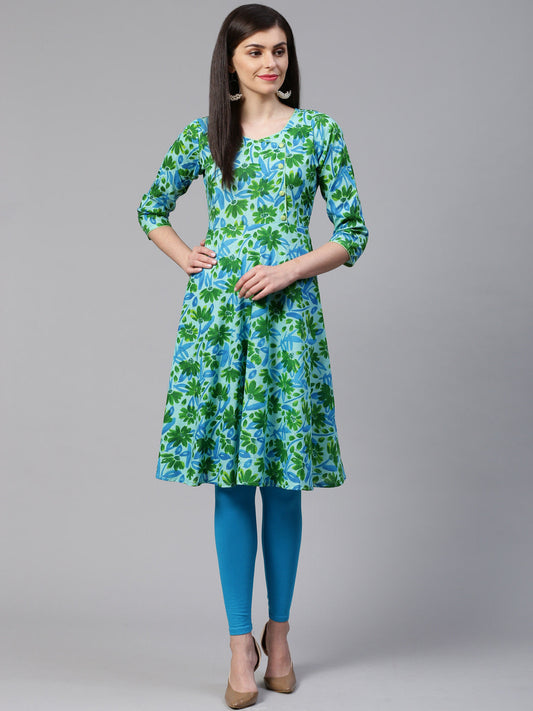 Jompers Women Blue & Green Floral Print Angrakha A-Line Kurta