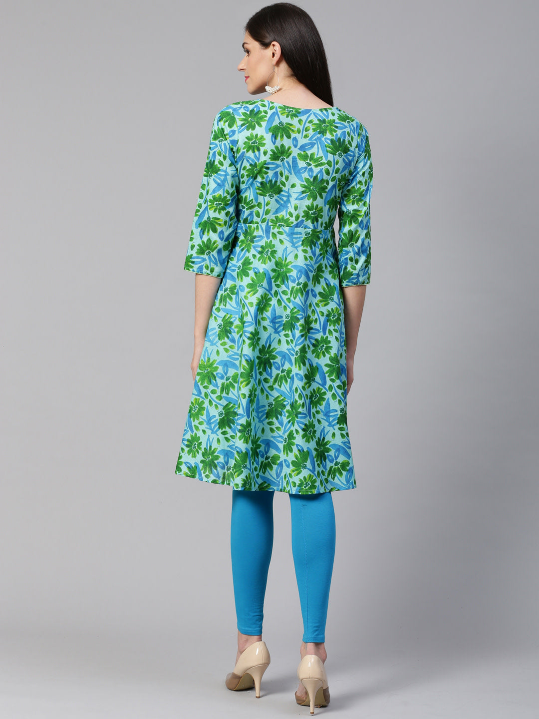 Jompers Women Blue & Green Floral Print Angrakha A-Line Kurta