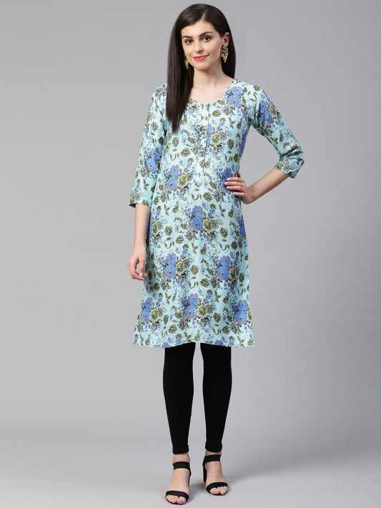 Jompers Women Blue & Green Floral Print Straight Kurta